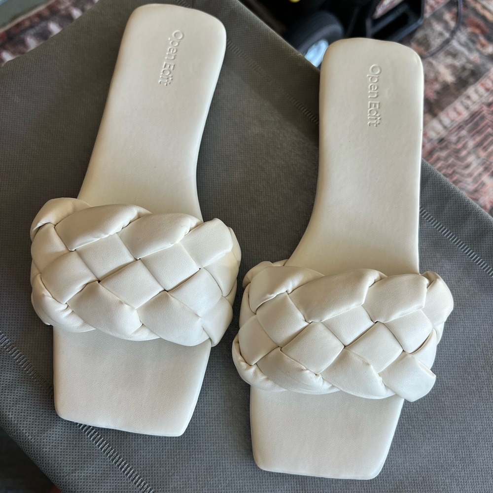 Open Edit White Braided Open Square Toe Sandals Slip On Boho